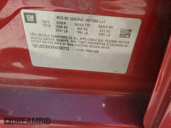 2015 Chevrolet Sonic LT with VIN 1G1JC5SH3F4158712, listed as a Copart auction lot 60845415 with 199,321 mi miles and Clean title. Bid and sale history available at DreamBid. Image 12.