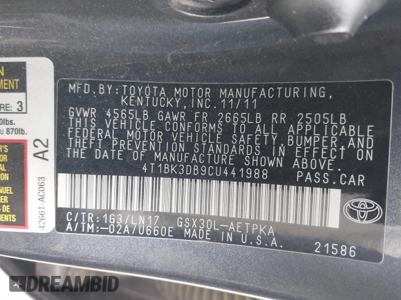 2012 Toyota Avalon with VIN 4T1BK3DB9CU441988, listed as a IAAI auction lot 41484115 with 139,642 mi miles and . Bid and sale history available at DreamBid. Image 9.