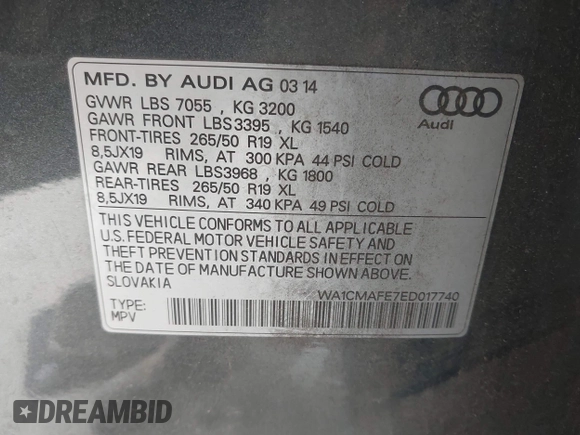 2014 Audi Q7 3.0L TDI Premium with VIN WA1CMAFE7ED017740, listed as a IAAI auction lot 41959691 with 112,521 mi miles. Bid and sale history available at carsss.com. Image 9.