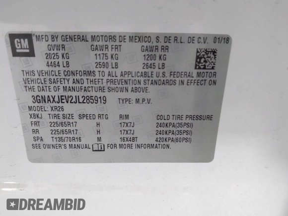 2018 Chevrolet Equinox LT z VIN 3GNAXJEV2JL285919, wystawiony jako IAAI lot #42417524 z przebiegiem 79 402 mil mil oraz . Historia ofert i sprzedaży dostępna na DreamBid. Obrazek 9.
