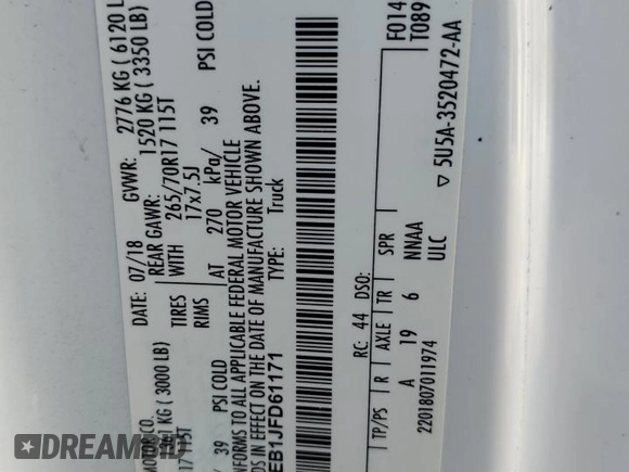 2018 Ford F-150 XL with VIN 1FTMF1EB1JFD61171, listed as a Copart auction lot 60848315 with Not provided miles and Clean title. Bid and sale history available at DreamBid. Image 12.