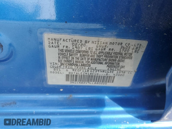 2020 Nissan Versa S z VIN 3N1CN8DV9LL880225, wystawiony jako Copart lot #55391815 z przebiegiem 67 010 mil mil oraz Szkoda całkowita • Salvage title. Historia ofert i sprzedaży dostępna na DreamBid. Obrazek 12.