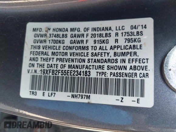 2014 Honda Civic LX with VIN 19XFB2F55EE234183, listed as a IAAI auction lot 42094263 with 148,728 mi miles. Bid and sale history available at carsss.com. Image 9.