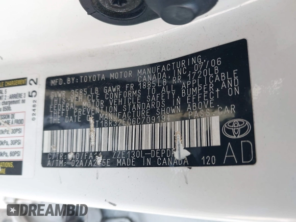 2006 Toyota Corolla CE with VIN 2T1BR32E06C709194, listed as a IAAI auction lot 42495525 with 129,191 mi miles and . Bid and sale history available at DreamBid. Image 9.