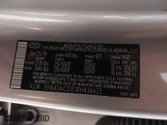 2024 Hyundai Tucson SE with VIN 5NMJACDE1RH436622, listed as a IAAI auction lot 41262494 with 7,717 mi miles. Bid and sale history available at carsss.com. Image 9.