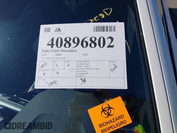 2019 BMW 5 Series 530i с VIN WBAJA5C52KWA57922, выставлен на аукционе IAAI как лот 40896802 с пробегом 60 562 миль миль и . История ставок и продаж доступна на DreamBid. Изображение 18.