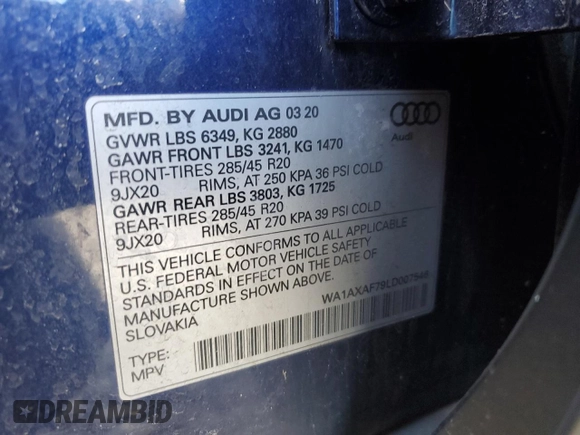 2020 Audi Q7 Premium with VIN WA1AXAF79LD007546, listed as a Copart auction lot 49956855 with 58,506 mi miles and Salvage title. Bid and sale history available at DreamBid. Image 13.
