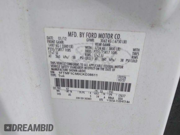 2012 Ford F-150 XL with VIN 1FTMF1CM0CKD38611, listed as a IAAI auction lot 41884475 with 117,524 mi miles. Bid and sale history available at carsss.com. Image 9.