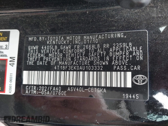 2010 Toyota Camry with VIN 4T1BF3EK0AU103332, listed as a IAAI auction lot 42123705 with 232,496 mi miles and . Bid and sale history available at DreamBid. Image 9.