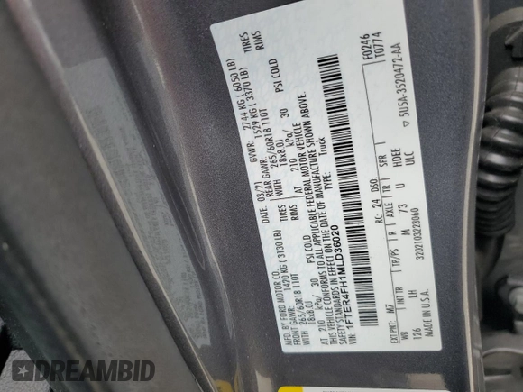 2021 Ford Ranger XL with VIN 1FTER4FH1MLD36020, listed as a Copart auction lot 58893745 with 48,296 mi miles and Salvage title. Bid and sale history available at DreamBid. Image 13.