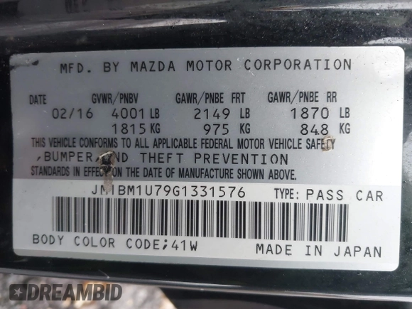 2016 Mazda Mazda3 i Sport with VIN JM1BM1U79G1331576, listed as a IAAI auction lot 41959336 with 62,334 mi miles. Bid and sale history available at carsss.com. Image 9.