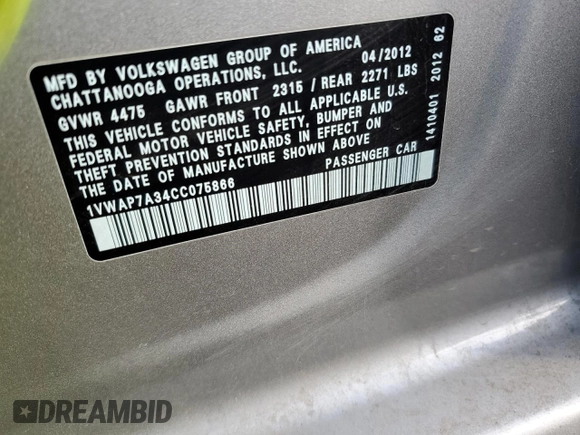 2012 Volkswagen Passat S w/Appearance with VIN 1VWAP7A34CC075866, listed as a Copart auction lot 43043365 with 0 mi miles and Salvage Title. Bid and sale history available at carsss.com. Image 14.