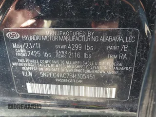 2011 Hyundai Sonata Limited with VIN 5NPEC4AC7BH305451, listed as a IAAI auction lot 41810866 with 255,636 mi miles and . Bid and sale history available at DreamBid. Image 9.