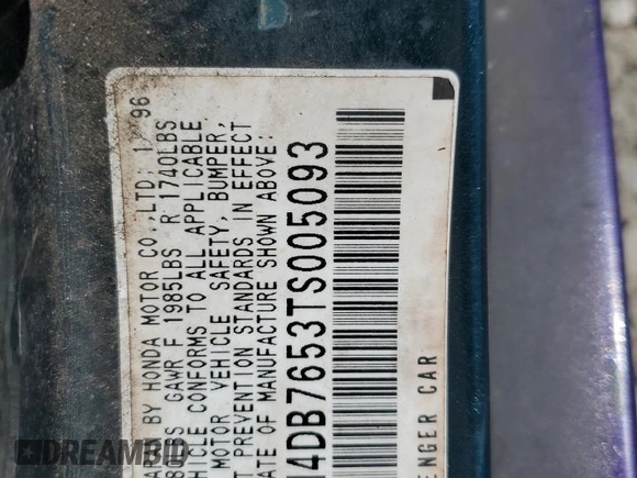 1996 Acura Integra LS with VIN JH4DB7653TS005093, listed as a Copart auction lot 57783383 with 217,250 mi miles and Salvage title. Bid and sale history available at DreamBid. Image 13.