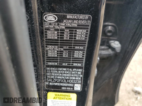 2020 Land Rover Range Rover Evoque SE z VIN SALZP2FX3LH063238, wystawiony jako Copart lot #50566045 z przebiegiem 95 712 mil mil oraz Szkoda całkowita • Salvage title. Historia ofert i sprzedaży dostępna na DreamBid. Obrazek 13.