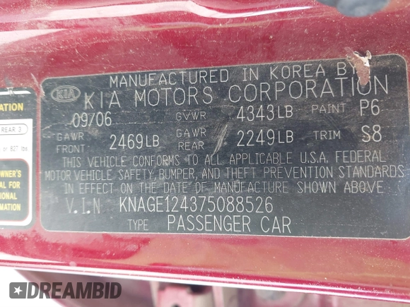 2007 Kia Optima EX with VIN KNAGE124375088526, listed as a IAAI auction lot 41526854 with 285,908 mi miles. Bid and sale history available at carsss.com. Image 9.