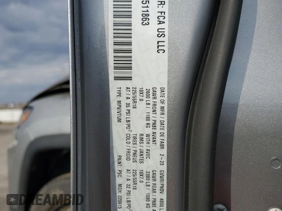 2023 Jeep Compass Latitude Lux with VIN 3C4NJDFN9PT511863, listed as a Copart auction lot 51165675 with Not provided miles and Non repairable. Bid and sale history available at DreamBid. Image 14.