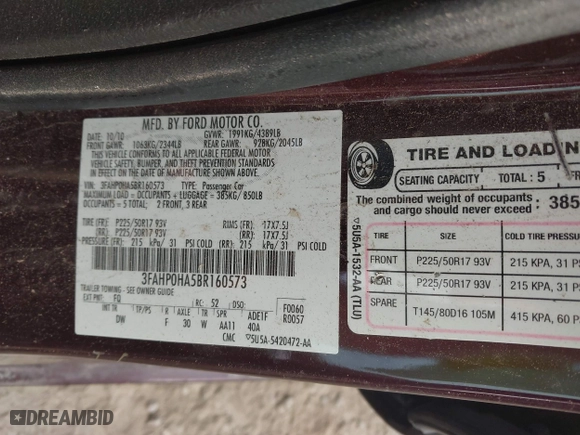 2011 Ford Fusion SE with VIN 3FAHP0HA5BR160573, listed as a IAAI auction lot 41797300 with 158,813 mi miles. Bid and sale history available at carsss.com. Image 9.