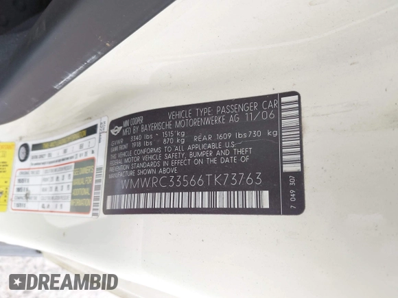 2006 MINI Hardtop with VIN WMWRC33566TK73763, listed as a IAAI auction lot 42782654 with 103,751 mi miles and . Bid and sale history available at DreamBid. Image 9.
