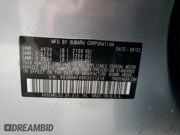 2024 Subaru Legacy Premium z VIN 4S3BWAF68R3011316, wystawiony jako Copart lot #79427704 z przebiegiem 21 924 mil mil oraz Szkoda całkowita • Salvage title. Historia ofert i sprzedaży dostępna na DreamBid. Obrazek 14.