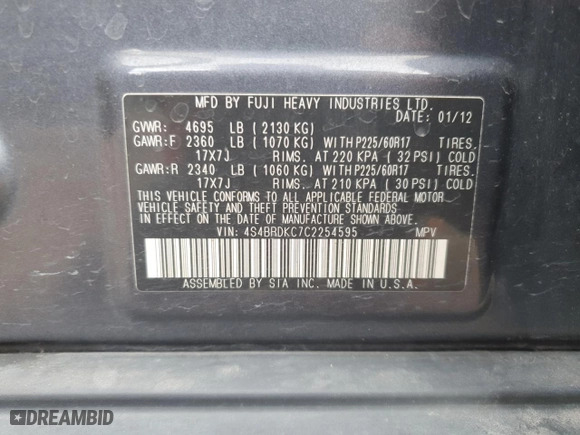 2012 Subaru Outback 3.6R Limited with VIN 4S4BRDKC7C2254595, listed as a Copart auction lot 45411205 with 161,287 mi miles and Salvage Title. Bid and sale history available at carsss.com. Image 13.