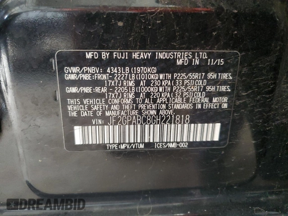 2016 Subaru Crosstrek Premium with VIN JF2GPABC8GH221818, listed as a Copart auction lot 59014945 with 171,989 mi miles and Salvage title. Bid and sale history available at DreamBid. Image 14.