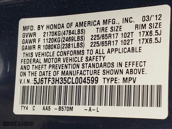 2012 Honda Crosstour EX with VIN 5J6TF3H35CL004599, listed as a IAAI auction lot 41416680 with 89,479 mi miles. Bid and sale history available at carsss.com. Image 9.