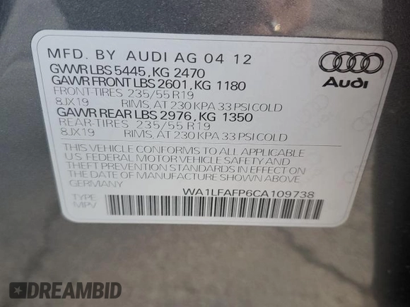 2012 Audi Q5 2.0T Premium Plus with VIN WA1LFAFP6CA109738, listed as a Copart auction lot 47764795 with 152,272 mi miles and Salvage Title. Bid and sale history available at carsss.com. Image 13.
