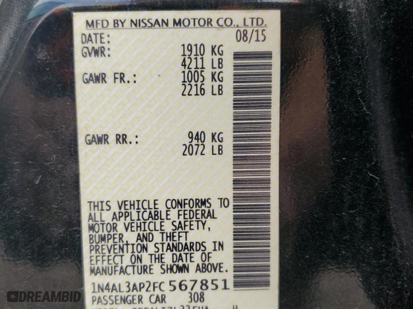 2015 Nissan Altima 2.5 SV with VIN 1N4AL3AP2FC567851, listed as a Copart auction lot 48661765 with 174,475 mi miles and Salvage Title. Bid and sale history available at carsss.com. Image 12.