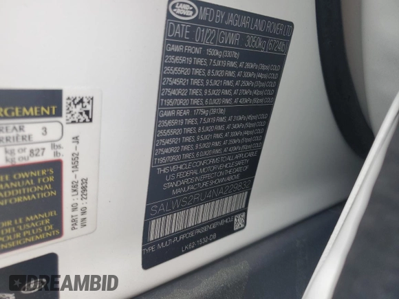 2022 Land Rover Range Rover Sport HST with VIN SALWS2RU4NA229832, listed as a Copart auction lot 55836095 with 47,540 mi miles and Salvage title. Bid and sale history available at DreamBid. Image 12.