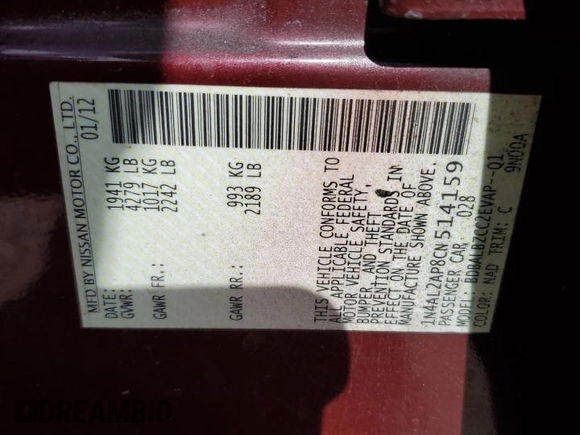 2012 Nissan Altima S with VIN 1N4AL2AP8CN514159, listed as a Copart auction lot 55505825 with 170,750 mi miles and Salvage Title. Bid and sale history available at DreamBid. Image 12.