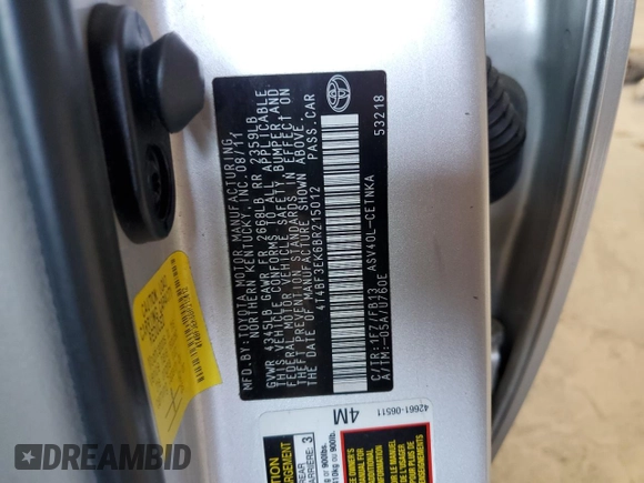 2011 Toyota Camry LE with VIN 4T4BF3EK6BR215012, listed as a Copart auction lot 63206845 with 100,171 mi miles and Salvage title. Bid and sale history available at DreamBid. Image 13.