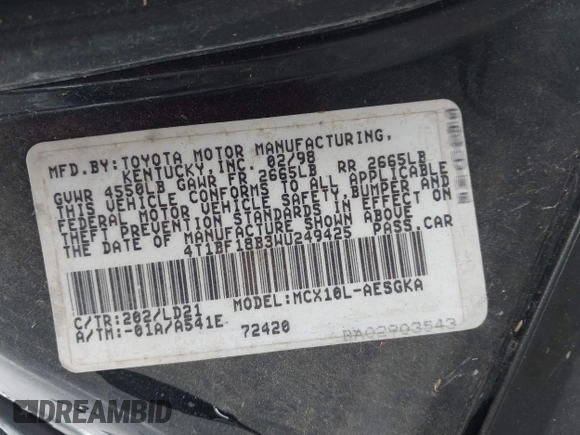 1998 Toyota Avalon XL with VIN 4T1BF18B3WU249425, listed as a IAAI auction lot 41960429 with Not Provided miles and . Bid and sale history available at DreamBid. Image 9.