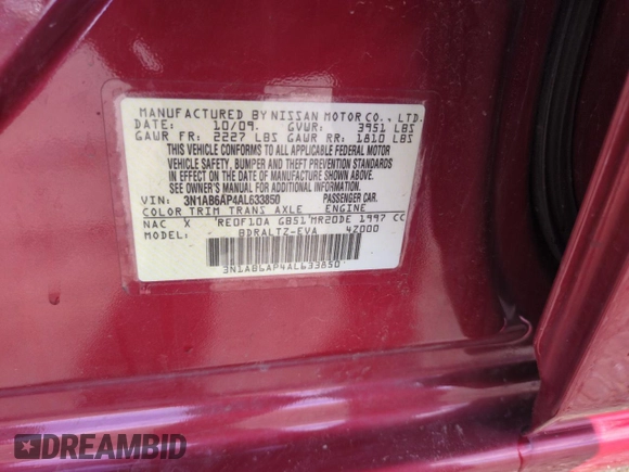 2010 Nissan Sentra S with VIN 3N1AB6AP4AL633850, listed as a Copart auction lot 55936165 with 156,942 mi miles and Salvage title. Bid and sale history available at DreamBid. Image 12.