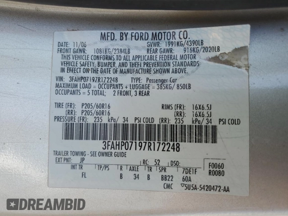 2007 Ford Fusion SE with VIN 3FAHP07197R172248, listed as a Copart auction lot 54787795 with 82,939 mi miles and Salvage Title. Bid and sale history available at carsss.com. Image 12.