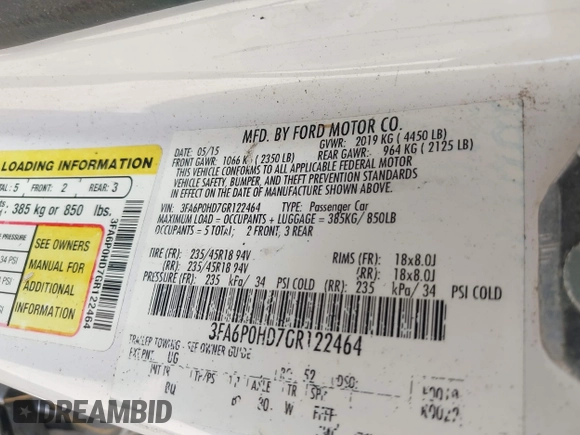 2016 Ford Fusion SE с VIN 3FA6P0HD7GR122464, выставлен на аукционе IAAI как лот 42803281 с пробегом Не указан миль и . История ставок и продаж доступна на DreamBid. Изображение 9.