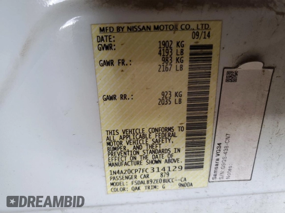 2015 Nissan LEAF S with VIN 1N4AZ0CP7FC314129, listed as a Copart auction lot 55660825 with 19,773 mi miles and Clean Title. Bid and sale history available at DreamBid. Image 12.