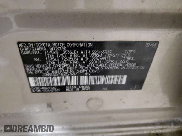 2008 Toyota RAV4 with VIN JTMBK33V185057687, listed as a Copart auction lot 45538325 with 364,226 mi miles and Salvage Title. Bid and sale history available at carsss.com. Image 15.
