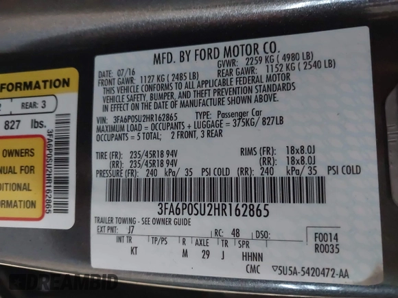 2017 Ford Fusion Titanium with VIN 3FA6P0SU2HR162865, listed as a IAAI auction lot 41981344 with 79,618 mi miles and . Bid and sale history available at DreamBid. Image 9.