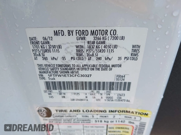 2012 Ford F-150 XL with VIN 1FTFW1ET3CFC30327, listed as a IAAI auction lot 42402128 with 214,410 mi miles and . Bid and sale history available at DreamBid. Image 9.