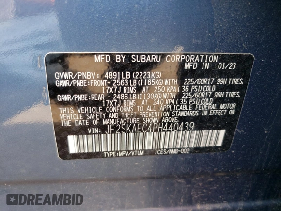 2023 Subaru Forester Premium z VIN JF2SKAEC4PH440439, wystawiony jako Copart lot #59659654 z przebiegiem 19 555 mil mil oraz Nie do naprawy • Non repairable. Historia ofert i sprzedaży dostępna na DreamBid. Obrazek 12.