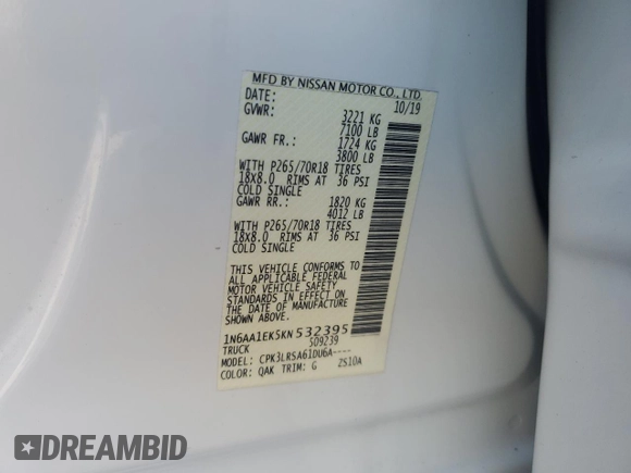 2019 Nissan Titan S с VIN 1N6AA1EK5KN532395, выставлен на аукционе Copart как лот 61572215 с пробегом 32 519 миль миль и Списание • Salvage title. История ставок и продаж доступна на DreamBid. Изображение 12.