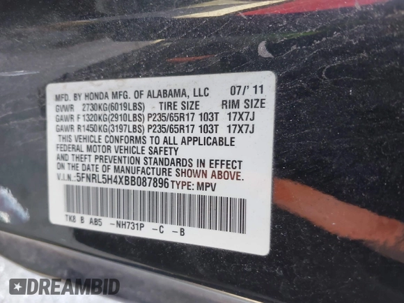 2011 Honda Odyssey EX с VIN 5FNRL5H4XBB087896, выставлен на аукционе IAAI как лот 40507257 с пробегом 187 619 миль миль и . История ставок и продаж доступна на DreamBid. Изображение 9.