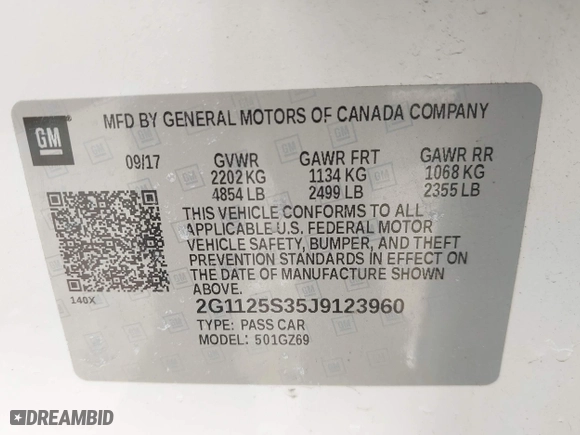 2018 Chevrolet Impala Premier with VIN 2G1125S35J9123960, listed as a IAAI auction lot 41971618 with 82,823 mi miles. Bid and sale history available at carsss.com. Image 9.