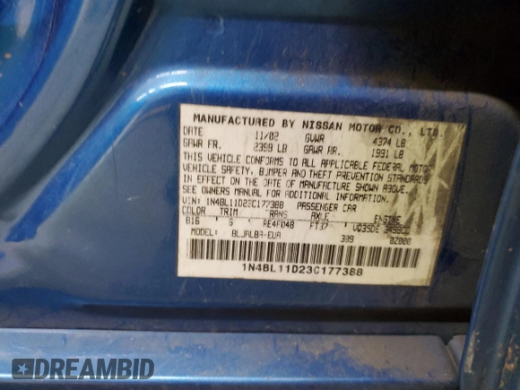 2003 Nissan Altima SE with VIN 1N4BL11D23C177388, listed as a Copart auction lot 45810135 with Not provided miles and Salvage title. Bid and sale history available at DreamBid. Image 12.