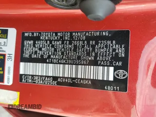 2009 Toyota Camry with VIN 4T1BE46K39U395867, listed as a Copart auction lot 53986155 with 133,338 mi miles and Salvage Title. Bid and sale history available at DreamBid. Image 12.