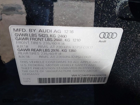 2017 Audi Q5 Premium with VIN WA1C2AFP3HA089015, listed as a IAAI auction lot 41642792 with 107,454 mi miles. Bid and sale history available at carsss.com. Image 9.