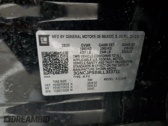 2020 Chevrolet Trax LT с VIN 3GNCJPSB8LL333711, выставлен на аукционе Copart как лот 56708635 с пробегом 47 162 миль миль и Чистый • Clean title. История ставок и продаж доступна на DreamBid. Изображение 12.