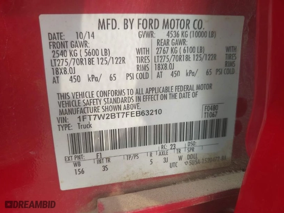 2015 Ford Super Duty F-250 SRW Lariat with VIN 1FT7W2BT7FEB63210, listed as a IAAI auction lot 39905045 with 213,169 mi miles. Bid and sale history available at carsss.com. Image 9.