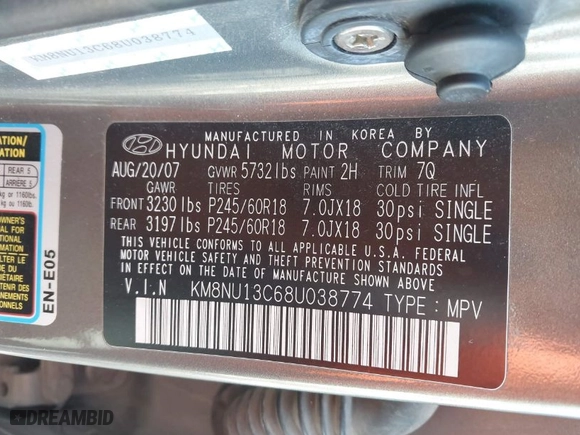 2008 Hyundai Veracruz GLS with VIN KM8NU13C68U038774, listed as a IAAI auction lot 41932843 with 204,446 mi miles. Bid and sale history available at carsss.com. Image 9.